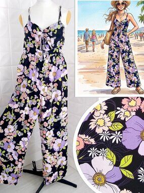 AFRM Floral Cut Out Jumpsuit Wide Leg Sleeveless Boho Noir Summer Bouquet L
